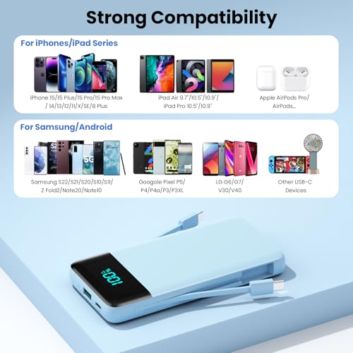 Image of Portable Charger for iPhone,13800mAh Slim Power Bank with Built-in Cables & AC Wall Plug,All in One 4 Outputs USB C Fast Charging Battery Pack Travel Essential for iPhone 17 /16 /15 /14,Android(Sky Blue)