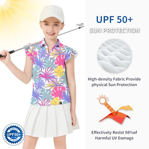 Image of Soneven Girls Ruffle Sleeve Polo Shirts V-Neck Golf Tennis T-Shirts Uniform Shirts Quick Dry for 4-14 Years