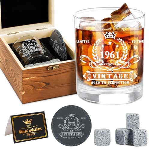 65 Geburtstag Mann Vintage 1961 Whiskey Glas Set Holz Box Whiskey Steine Untersetzer Grußkarte Geschenk 65 Geburtstag Mann