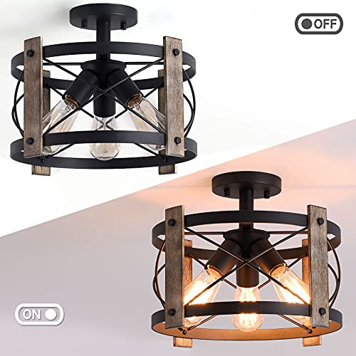 Bargeni Flush Mount Light Fixture,13-Inch Rustic Ceiling Light Fixture,Matte Black Finish,3-Light Farmhouse Light Fixtures For Living Room,Kitchen,Bedroom,Dining Room,Foyer,Hallway thumb #1