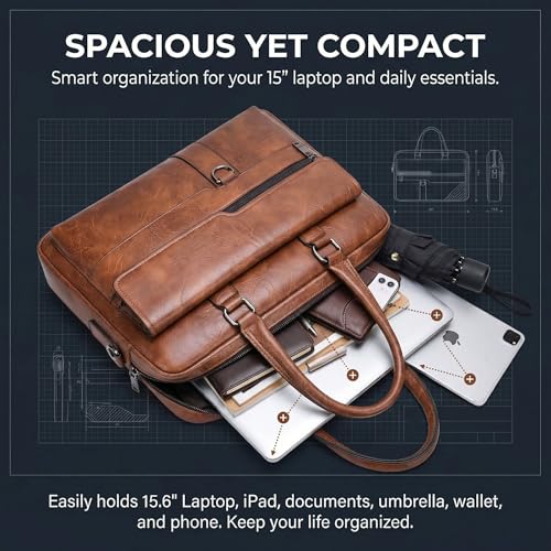 Image of Men's Leather Laptop Bag 15 IN, Water-Resistant Briefcase Messenger Bag for Work, Business, Shoulder Crossbody Office Satchel