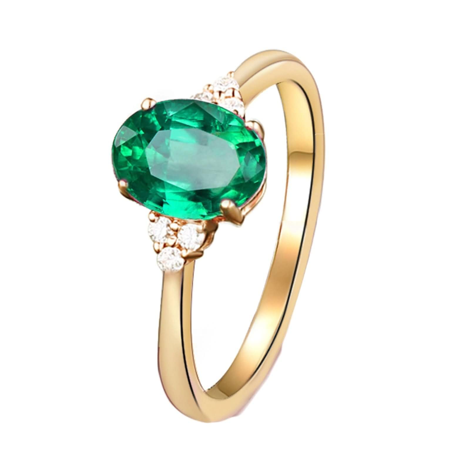 Anello Fedina Donna Oro 9 Kt / 14 Kt / 18 Kt, 4 Griffe Ovale con Smeraldo Sintetico e Moissanite, Anelli Fedi Nuziali di Verde Oro Donna