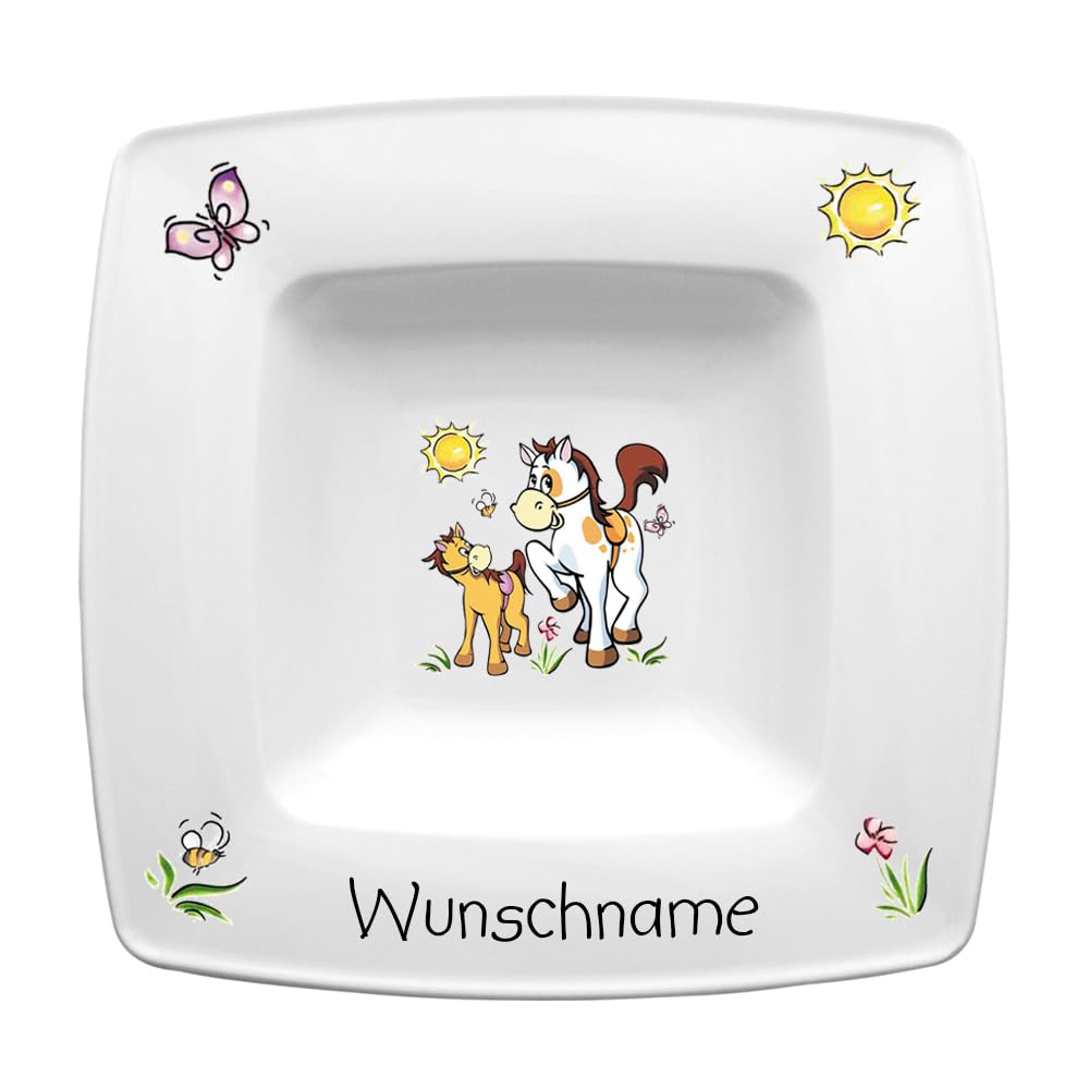 Suppenteller eckig 22cm Kinderteller Teller Porzellan Pferde personalisierbar mit Wunschname Name Kindergeschirr mit Namen personalisiert