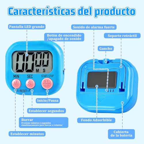Miniatura 4 de Temporizador De 3 Piezas, Temporizador Digital Lcd Para Cocina, Soporte Plegable E Imán, Cronómetro Para Cocinar, Hornear, Deportes, Niños Y Estudios Azul, Blanco, Verde