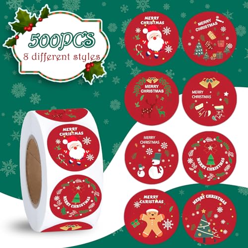 500 Pieces Merry Christmas Stickers, 1 inch Round Christmas Labels Roll, Self-Adhesive Santa Claus,