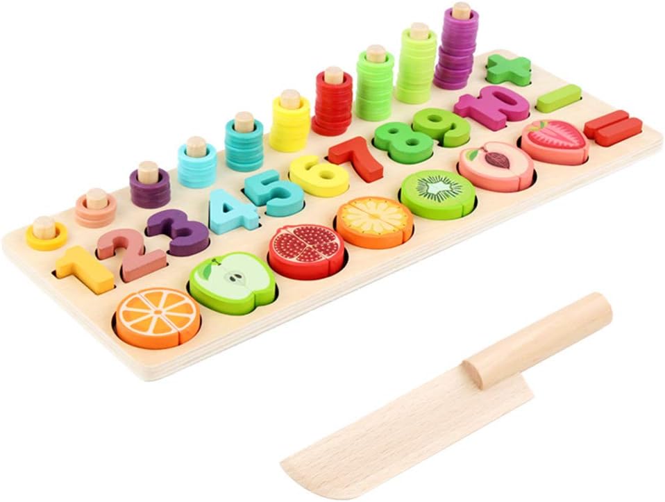 Wumudidi Wooden Cut Fruit Three-In-One Intellectual Toy, Children's Logarithmic Board Digital Color Cognitive Shape Matching