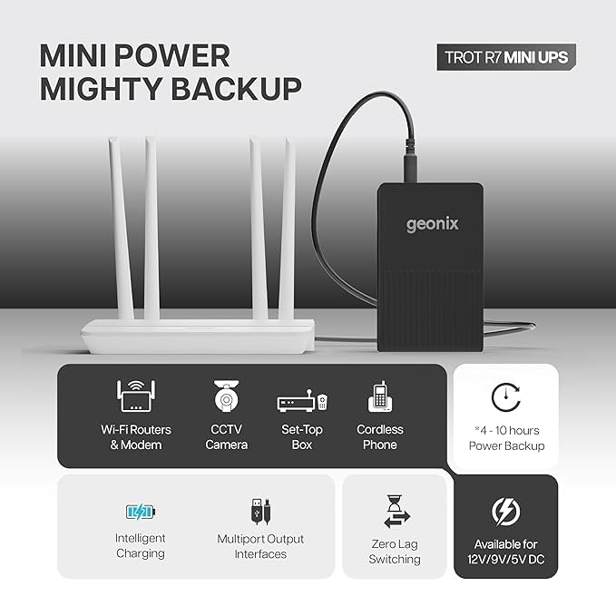 Image of Geonix Trot R7 Mini UPS | 4-10 Hours Backup | Dual 2000mAh Battery | DC & USB Output | Power Backup for WiFi Router, CCTV, Modem & Cordless Phone (Black)