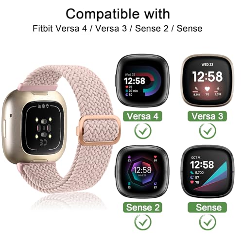 Yisica 3 Pack Elastic Solo Loop for Fitbi t Versa 4 Straps/Versa 3, Fitbi t Sense 2 /Sense Women/Men, Adjustable Stretchy Braided Sport Replacement Straps (Pink Sand+Starlight+Pink Starlight Green) - Image 4