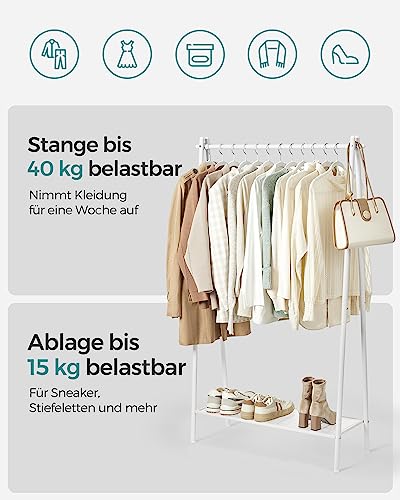 SONGMICS Kleiderständer, Garderobe, Garderobenständer, Kleiderablage, Stahlrahmen, mit Stange und Regal, 33,5 x 92,5 x 153 cm, für Schlafzimmer, Garderobe, Waschküche, Weiß HSR023W01