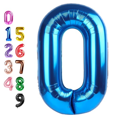 Image of Number Balloons 0 Balloon 40 inch Blue for 10 Birthday Party Decorations | Saturated Color, Large 40 in, With Inflation Straw & Hanging Hole, Great for Men's Party, Back-To-School Season, Pool Party