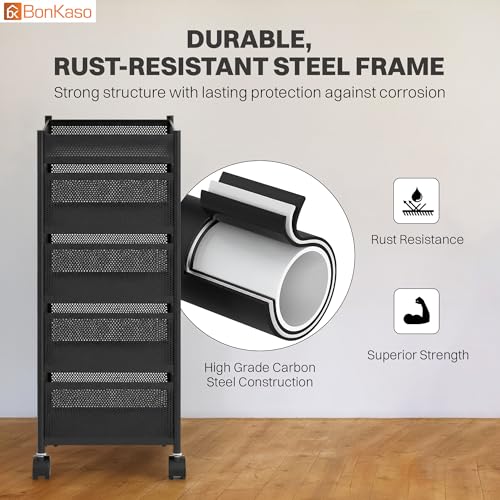 Image of BonKaso 5-Layer Square Multipurpose Kitchen Trolley with Swivel Storage Basket & 360 Rotating Wheels, Black Steel Frame, Easy Mobility, Space-Saving and Durable