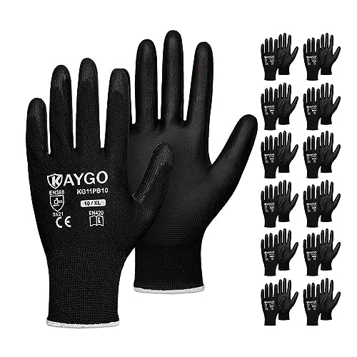 Image of KAYGO Work Gloves for Men and Women,12 Pairs Seamless Knit PU Coated Safety Gloves, with Smooth Grip on Palm and Fingers, Ideal for Light Warehouse, Manufacturing, Gardening, KG11P (XL, Black)