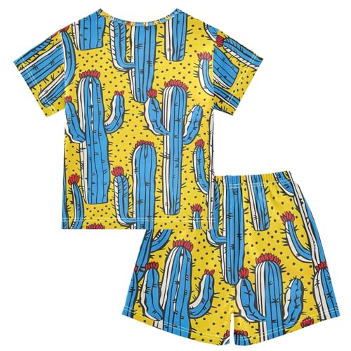 ALAZA Blue Cactus Yellow Pajamas Short Sleeve 2 Piece Sleepwear Top and Bottom Pajama Set Unisex2