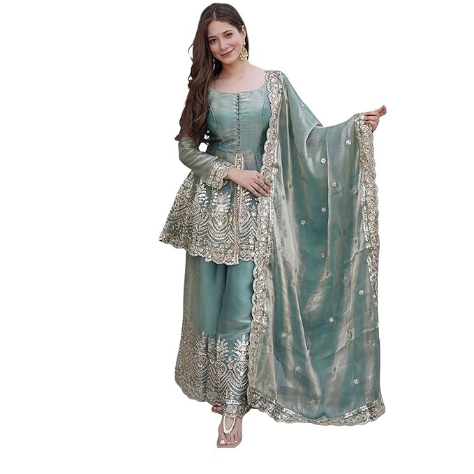 Women's Fandy Silk Embroidery Sequins & Tiki Work Kurti Sharara Set with Dupatta | Elegant 3-Piece Traditional Ethnic Dress Suit for Festive, Party-image-31