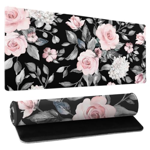 Image of Floral Extended Gaming Mouse Pad Non-Slip Rubber Base Black Large Mousepad 31.5x11.8in with Stitched Edge Waterproof Flowers Pads Computer Black Desk Laptop Mats for Work /Game /Office /Home
