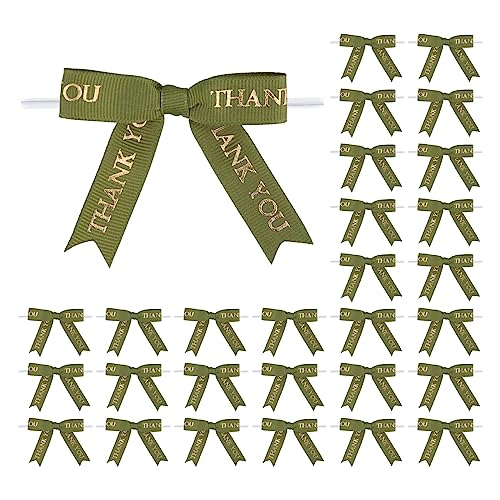 Meseey 30 Pcs Thank You Moss Green and Gold Printed Ribbon Bows 2.5 Inch Twist Tie Crafts Small Bows for Gift Wrapping, Baby Shower,Wedding, Party Favors, Cake Pops,Treat Bags (2.5", Moss Green)