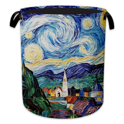 Image of Starry Night Laundry Basket Oxford Cloth Village Laundry Hamper With Handle Foldable Portable Clothes Storage Basket Storage Bag For Laundry Room /Bathroom /Bedroom /Dormitory 20.8 inchx16 inch