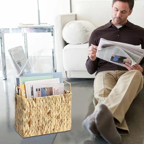 TOLIDA Stabiles Zeitungsständer aus Wasserhyazinthe, Gewebtes Aufbewahrungskorb mit Griff, Handbemalte Aktenhalter, Weidenkorb für Buch, Zeitschriften, Papiere als Geschenk Deko 30x14x28CM