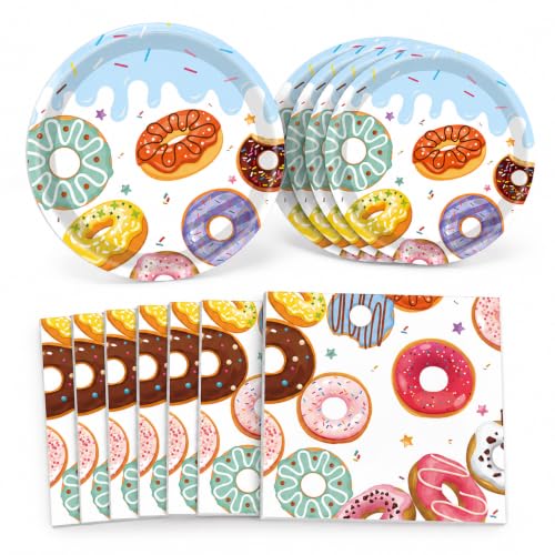 Actoridae 40Pcs Donut Birthday Party Decorations - Colorful Donut Plates and Napkins Donut Themed Party Decorations for Boys Girls Kids One Two Sweet Birthday Decorations