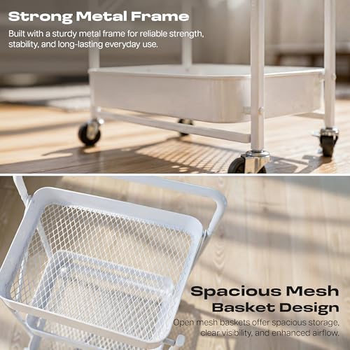 Image of Multipurpose Foldable Kitchen Storage Trolley with Handle | Heavy Metal 3-Tier Utility Cart for Storage | Portable Cart for Kitchen, Bedroom, Office | Kitchen Rack with Lockable Wheels (White)
