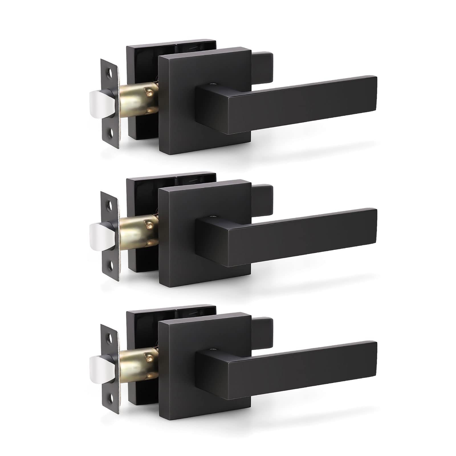KNOBWELL3 Pack Square Passage Door Lever Set, Heavy Duty Door Handle for Closet, Passage Door Levers Matte Black (No Lock/Key)