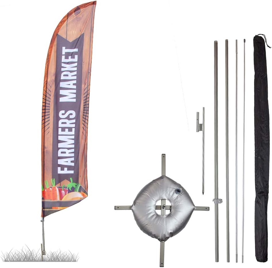 Vispronet Farmer's Market Feather Flag Kit - 13.5ft Knitted Polyester Swooper Flag with Pole Set, Ground Spike, Cross Base and Weight Bag - Printed in the USA