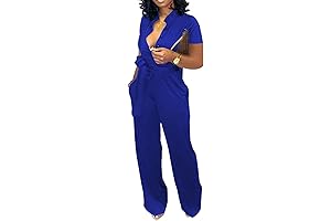 Women's Elegant V-Neck Blue Jumpsuit with Wide Leg Pants
