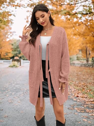 Women's 2025 Long Sleeve Cardigan Sweaters Open Front Bow Tie Up Cardigan with Pockets3