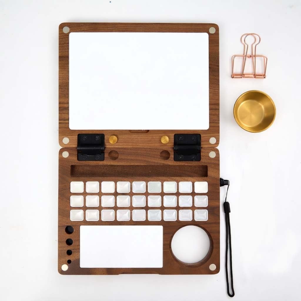 Kit de paleta de acuarelas de viaje con 27 compartimentos, caja de pintura de madera de nogal negro con recipiente para limpiar pinceles, correa de mano y clips metálicos, para artistas