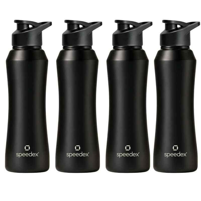 Image of Speedex Stainless Steel Water Bottle 1 Ltr, 1000 ml Metal Bottle For Daily, Office, School, Gym, Travel Use for Men, Women, Kids, Adults-Leak Proof Sipper Cap, BIS Approved, Black, Set of 4