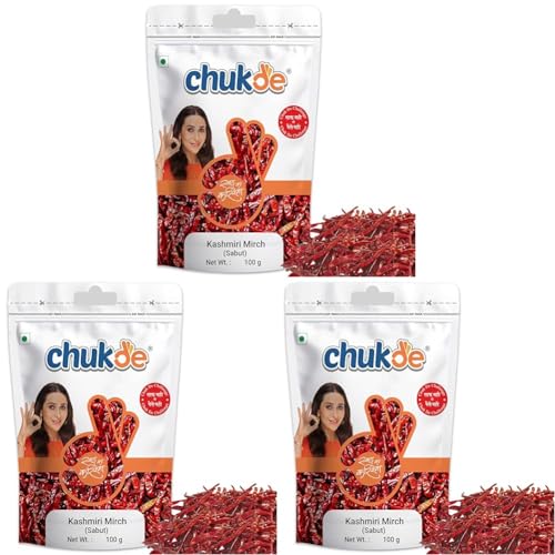 Image of Chukde - Kashmiri Lal Mirch Sabut - Chilli Stemless Whole - Whole Spice for Cooking, Flavoring, and Garnishing Indian Dishes - Ideal For Curries, Gravy, Pickles, and More - 100 Gram (Pack of 6)