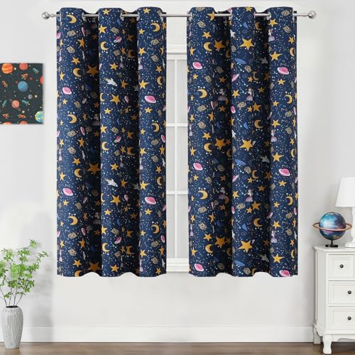 Image of Navy Blue Star Moon Theme Blackout Curtains 54 Inches Long for Boys Bedroom