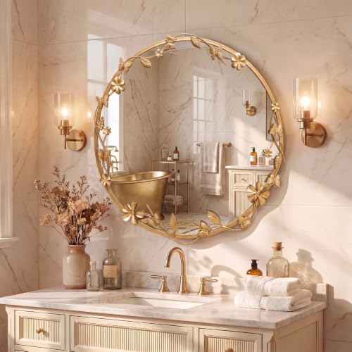 Image of Huwena 24 Inch Round Gold Mirror, Ornate Floral Butterfly Frame Wall Mirror
