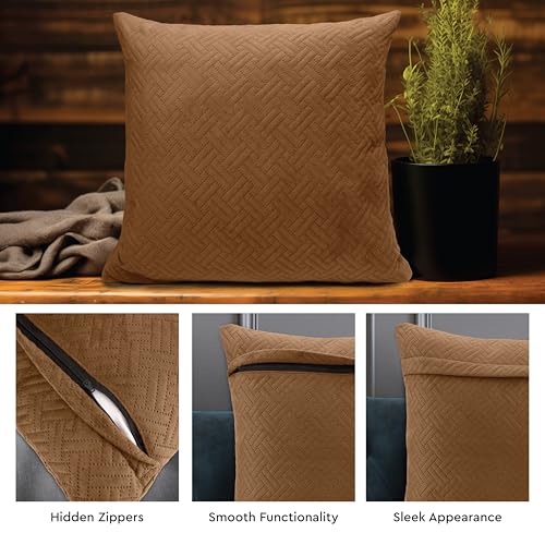 Image of Encasa XO Velvet Cushion Covers, No Inserts, Set of 2, Tan | 16 inchx16 inch | Both Side Fabric | Hidden Zipper Closure | Solid Color | Fade & Shrink Resistant | Machine Washable