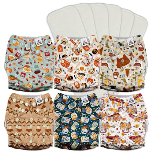 Mama Koala 3.0 Cloth Diapers for Babies with AWJ Lining, 6 Pack with 12 5-Layer Bboo(No Microfiber) Cloth Diaper Inserts - Reusable and Washable Pocket Diapers(12-My Warm Heart)