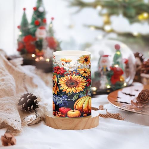 Image of Flickering Flameless Candles, Sunflowers Pumpkins Autumn Thanksgiving LED Candles with Remote Timer, Set of 2 Battery Operated Candle for Valentine Wedding Birthday