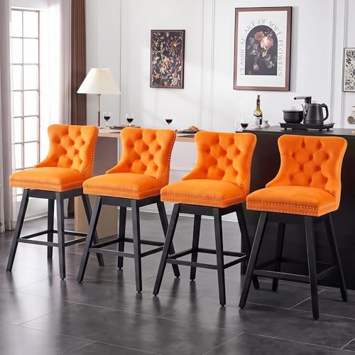 Image of Orange Swivel Bar Stools, Velvet Counter Height Bar Stool Set of 4 | 360 Swivel Bar Chairs, Solid Wood Legs, Upholstered Kitchen Island Stools, Modern Extra Wide Seat (Orange, 30 inch H, 4 Pack)