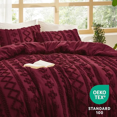 Bedsure Tufted Boho Comforter Set King Size - Dark Red Boho Bed Set, GentleSoft™ 3 Pieces Farmhouse Shabby Chic Embroidery Bedding, Gifts for Woman, Soft Jacquard King Comforter for All Seasons