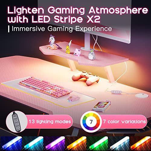 Motpk Pink Gaming Desk With Led Lights, Small Gaming Table Desk 39 Inch Z Shaped, Gamer Desk Ergonomic Sturdy, Kids Computer Desk With Monitor Stand Cup Holder And Headphone Hook, Black, Gift Idea #TOP3