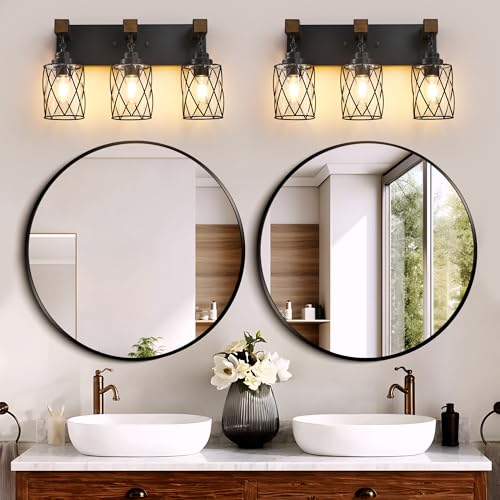 Image of Farmhouse Bathroom Light Fixtures, 3 Light Bathroom Vanity Light with Metal and Glass Lampshade, Wood Rustic Lighting Fixtures Over Mirror, Black Wall Sconces for Living Room, Bedroom