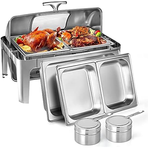 LinTimes Roll Top Chafing Dish Buffet Set, 9Qt Rectangular Chafing Dish Buffet Set With Visible Lid, Stainless Steel Chafers for Catering for Parties, Wedding, Banquet, Events (2 Half-Size) Cover