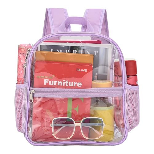 Image of Busiuw Clear Backpack for Stadium Events 12x12x6 Mini SmallSports Fan Backpacks with Front Pocket for Concert Sport Events Work Travel(Light purple)