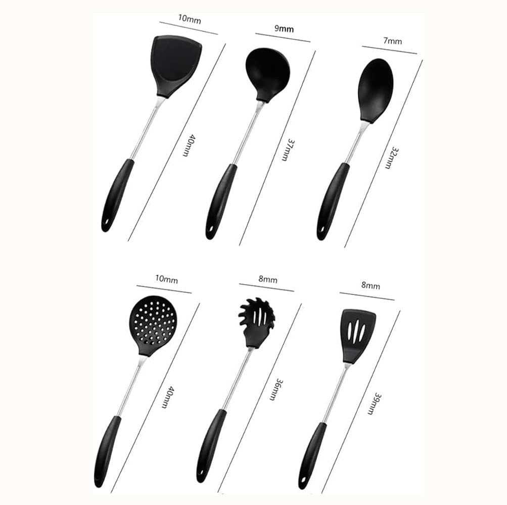 Juego de Utensilios de Cocina con Soporte: 6 Piezas de Silicona Negra Antiadherente, espátula y Utensilios Esenciales.