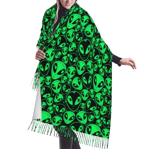 Scarf For Women Green Alien Pattern Pashmina Shawl Wraps For Women Travel Scarves Evening Dresses With Tassels