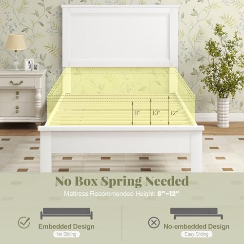 Image of GIANTEX Wood Twin Bed Frames with Headboard, Mid Century Platform Bed Frame with Solid Wood Legs & Wooden Slat Support, Twin Bed Frames for Kids Adults, White Bed