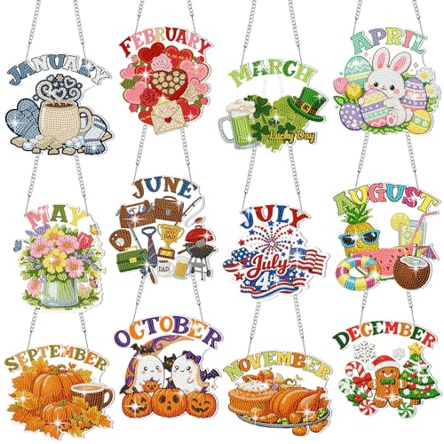 Cinnvoice 12 Pcs Seasonal Diamond Art Wreath Kits Holiday 5d DIY Diamond Painting Signs Germ Hanging Art Ornaments for Wall Door Decorations (Month)
