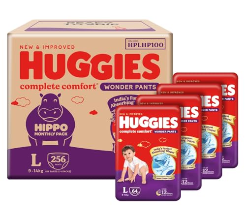 Image of Huggies Complete Comfort Wonder Pants | Pant Style Baby Diapers Large Size, 256 Count | India's Fastest Absorbing diaper, Clinically Proven to Prevent Diaper Rash | Ideal for 9 to 14 Kgs (64 count, Pack of 4)