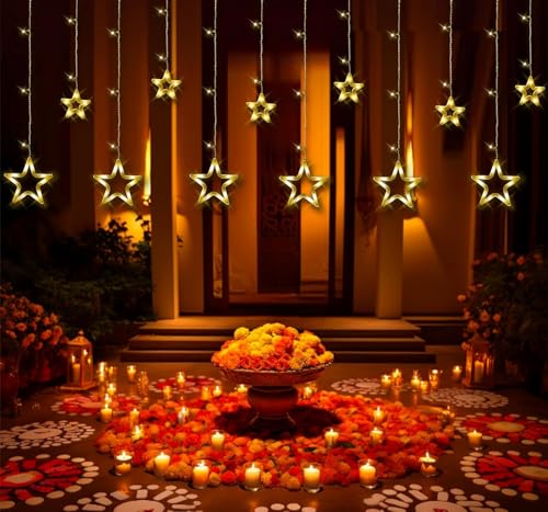 Image of LED Lights for Diwali Decoration with 17 Ft Long 220V Electric Flameless Design for Puja Room, Mandir, Rangoli, Balcony, Door, and Home Festival Lighting (Warm White, 6 + 6 Classic Star Light, 14)
