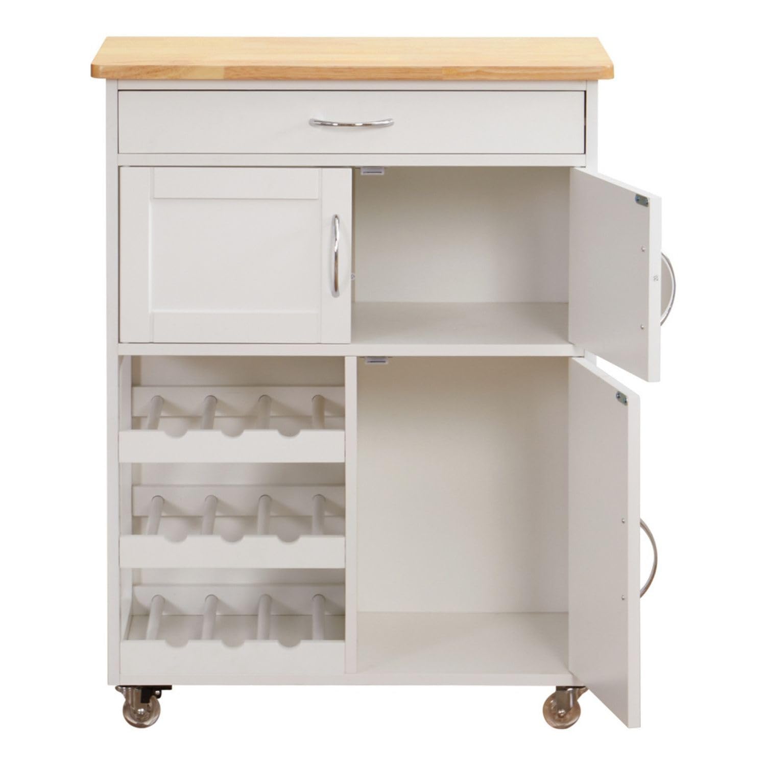 Brigros WeHome - Carrello Cucina Legno Febe, Credenza Bianca 67x36x87 Cm Con 1 Cassetto, 3 Ante, 3 Ripiani Portabottiglie, Mobile Cucina Con Ruote E Piano In Legno Rovere (Bianco)