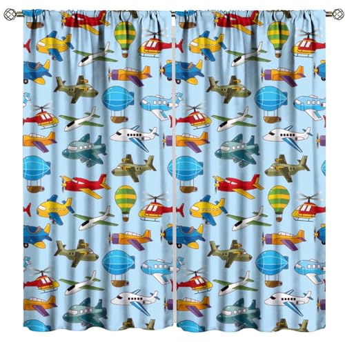 SENQIAN Cartoon Airplane Curtains for Kids Boys Girls Bedroom Decor Colorful Aircraft Art Printed Rod Pocket Blackout Window Treatments for Living Room Kitchen Cafe W36xL63in 2 Panels